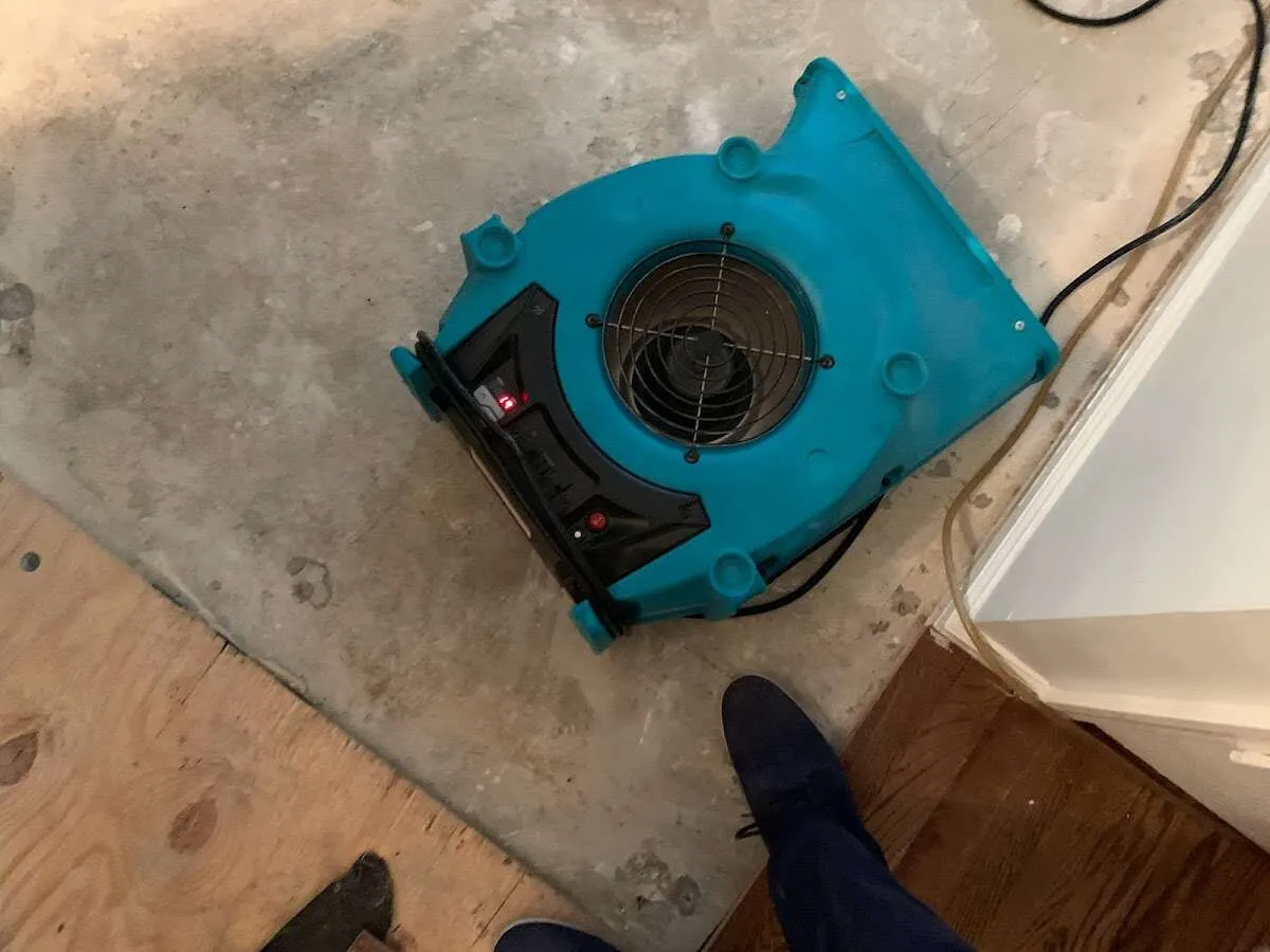 Air mover drying subfloor during Commercial Water Damage Restoration in Braidwood